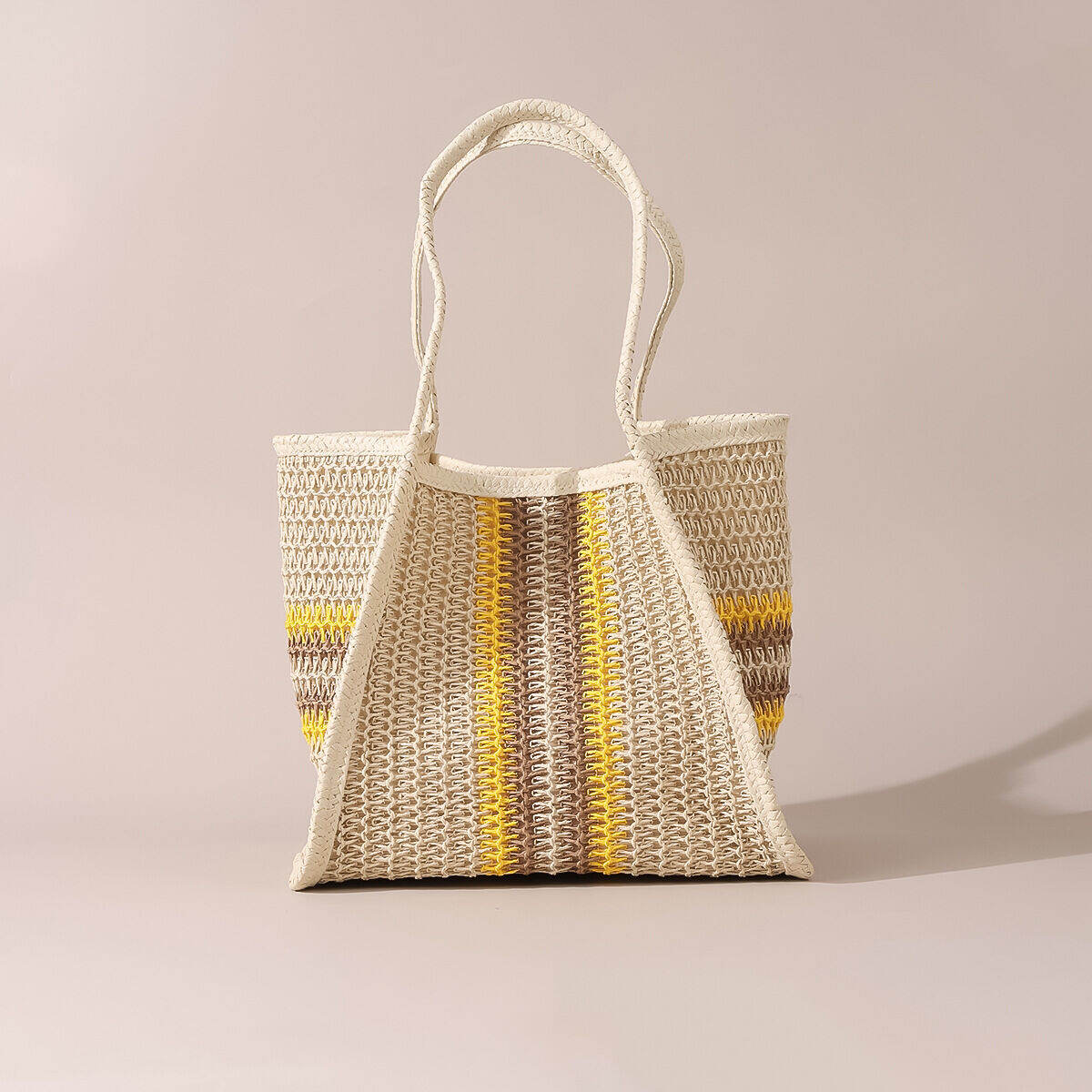Borsa tote da donna in rafia intrecciata, stile casual, con motivo a righe e trafori, colori misti. 2