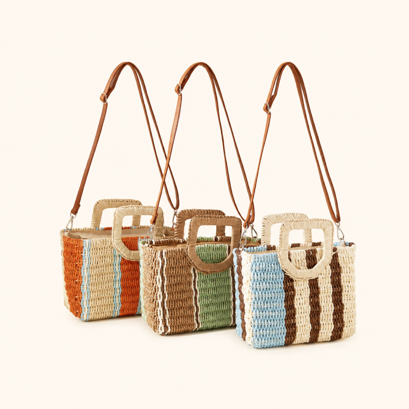 Borsa quadrata da donna in rafia intrecciata a righe, stile casual e colori misti. 2