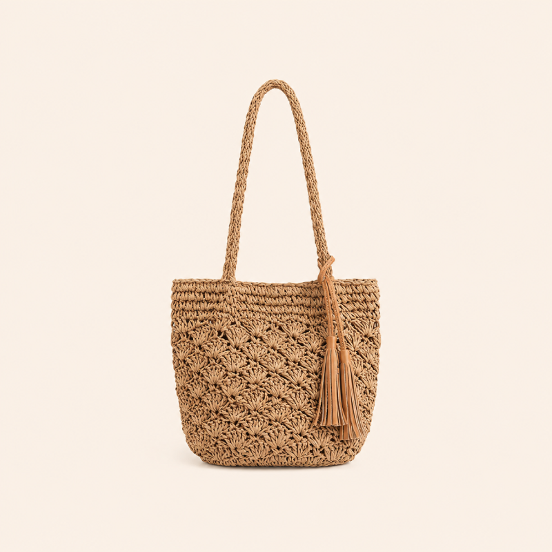 Vacation Style Tassel Woven Solid Color Tassel Hollowed-Out Woven Raffia Women's Square Bag