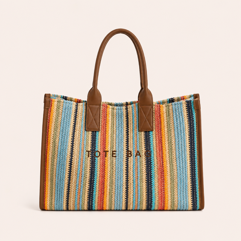 Borsa tote da donna in rafia a righe intrecciate con lettere in stile casual e colori misti.