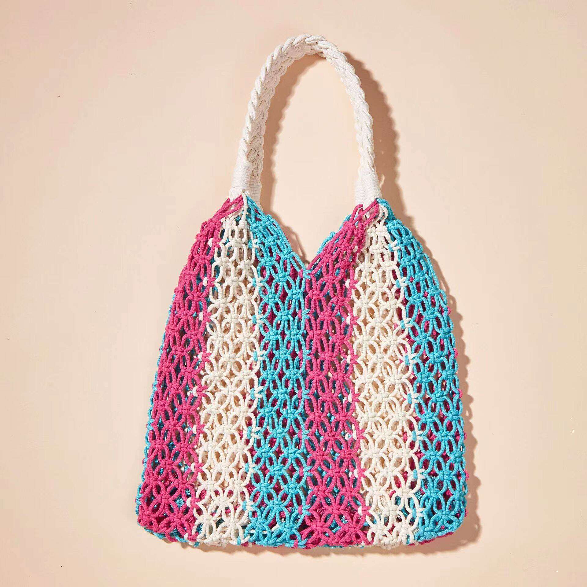 Borsa quadrata da donna in cotone intrecciato a righe, traforata e in colori misti, stile vacanza.