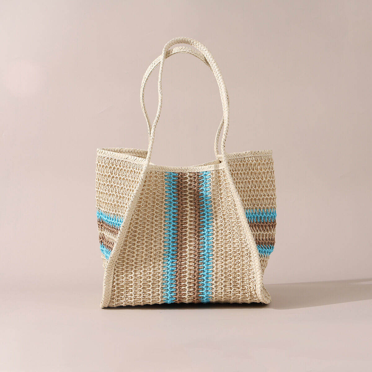 Borsa tote da donna in rafia intrecciata, stile casual, con motivo a righe e trafori, colori misti.