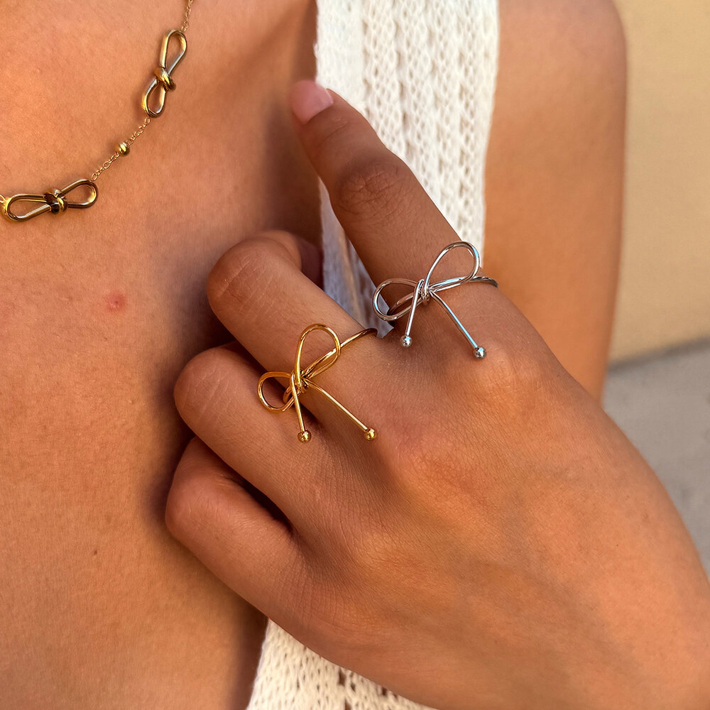 Bague Simple Series Daily Bow Knot en acier inoxydable étanche couleur or h5Image4