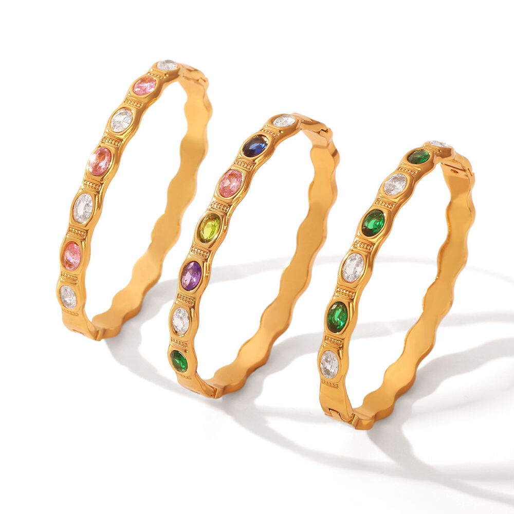 Simple Luxury Daily Ellipse Shape Stainless Steel Waterproof Gold Color Zircon Women's Bangles Picture6