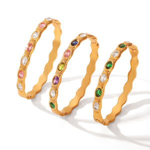 Simple Luxury Daily Ellipse Shape Stainless Steel Waterproof Gold Color Zircon Women's Bangles h5 Picture6