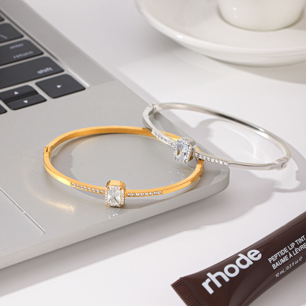 Luxury Simple Daily Rectangle Stainless Steel Waterproof Gold Color Zircon Women's Bangles h5Picture5