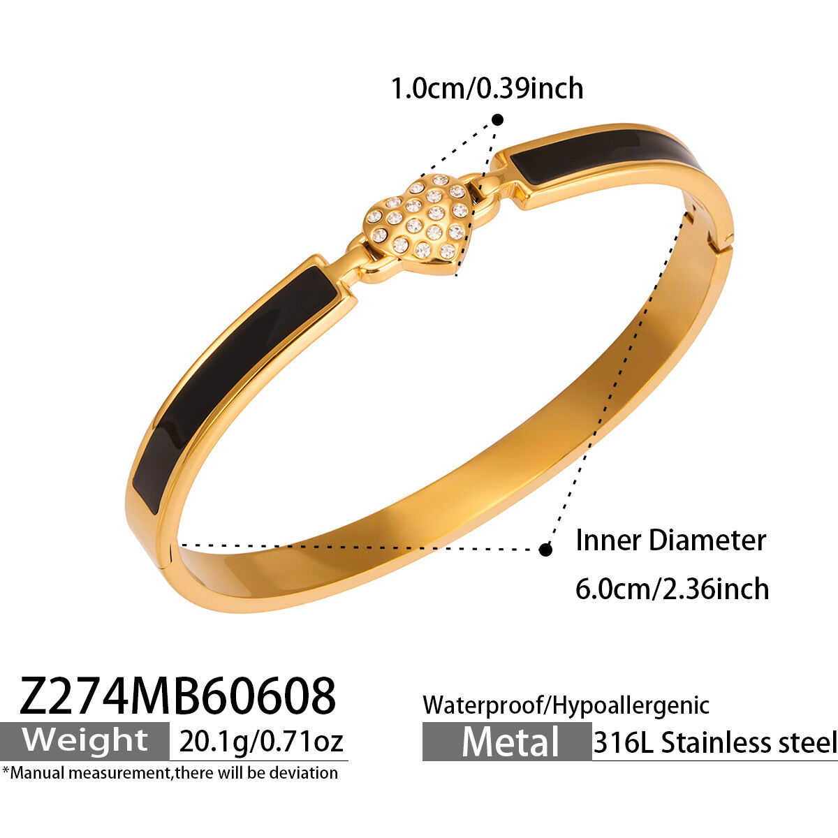 Classic Series Elegant Heart Stainless Steel Waterproof Gold Color Rhinestone Women's Bangles 