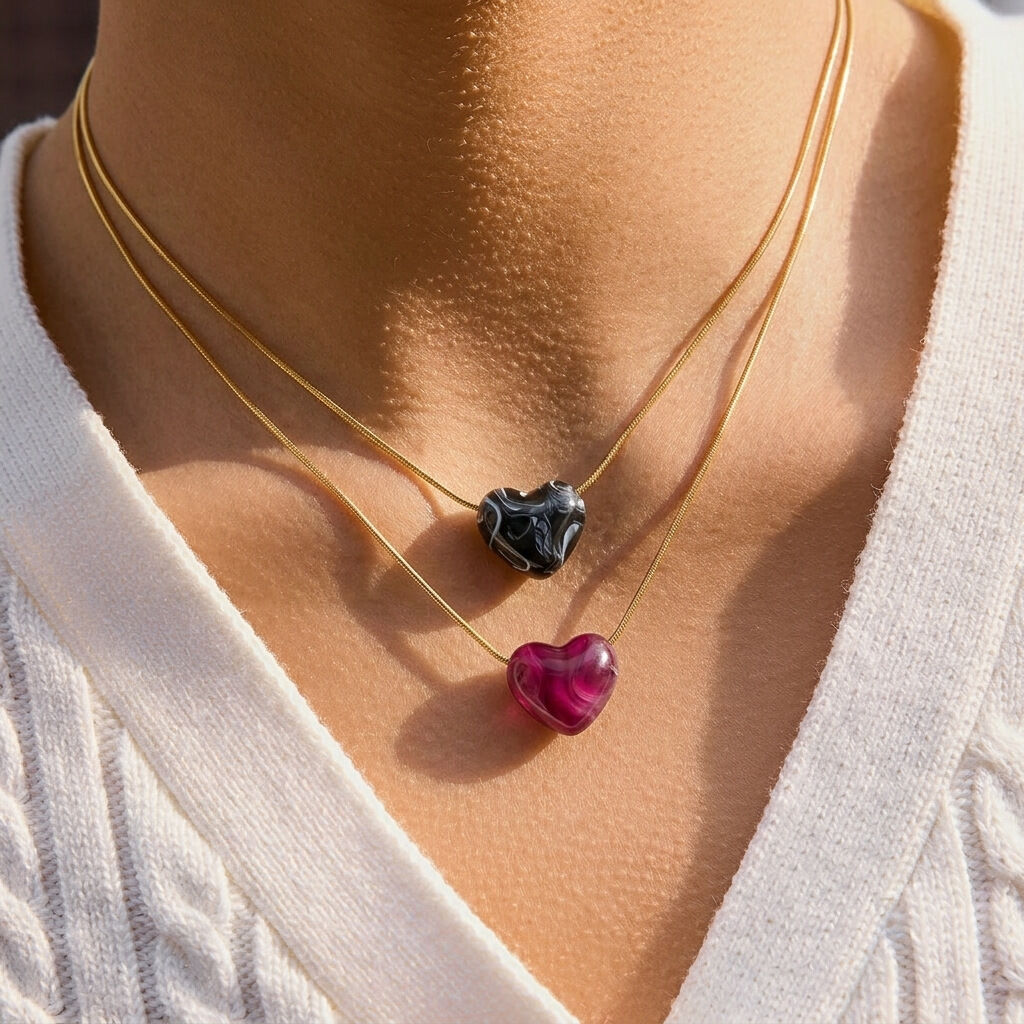 Resin Heart Stainless Steel Waterproof Gold Color Women's Pendant Necklaces