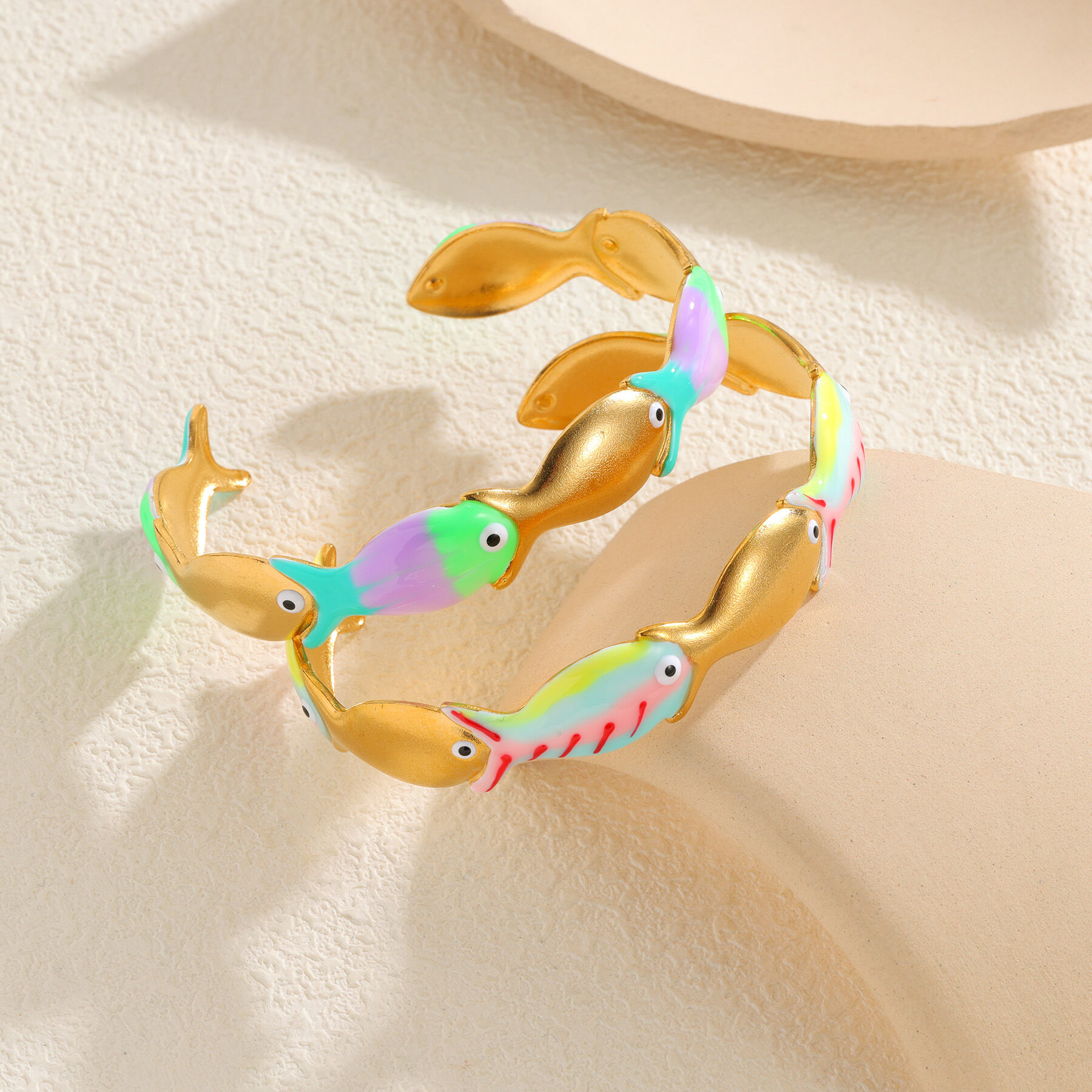 Vacation Oceanic Style Enamel Fish Stainless Steel Waterproof Gold Color Women's Cuff Bracelets