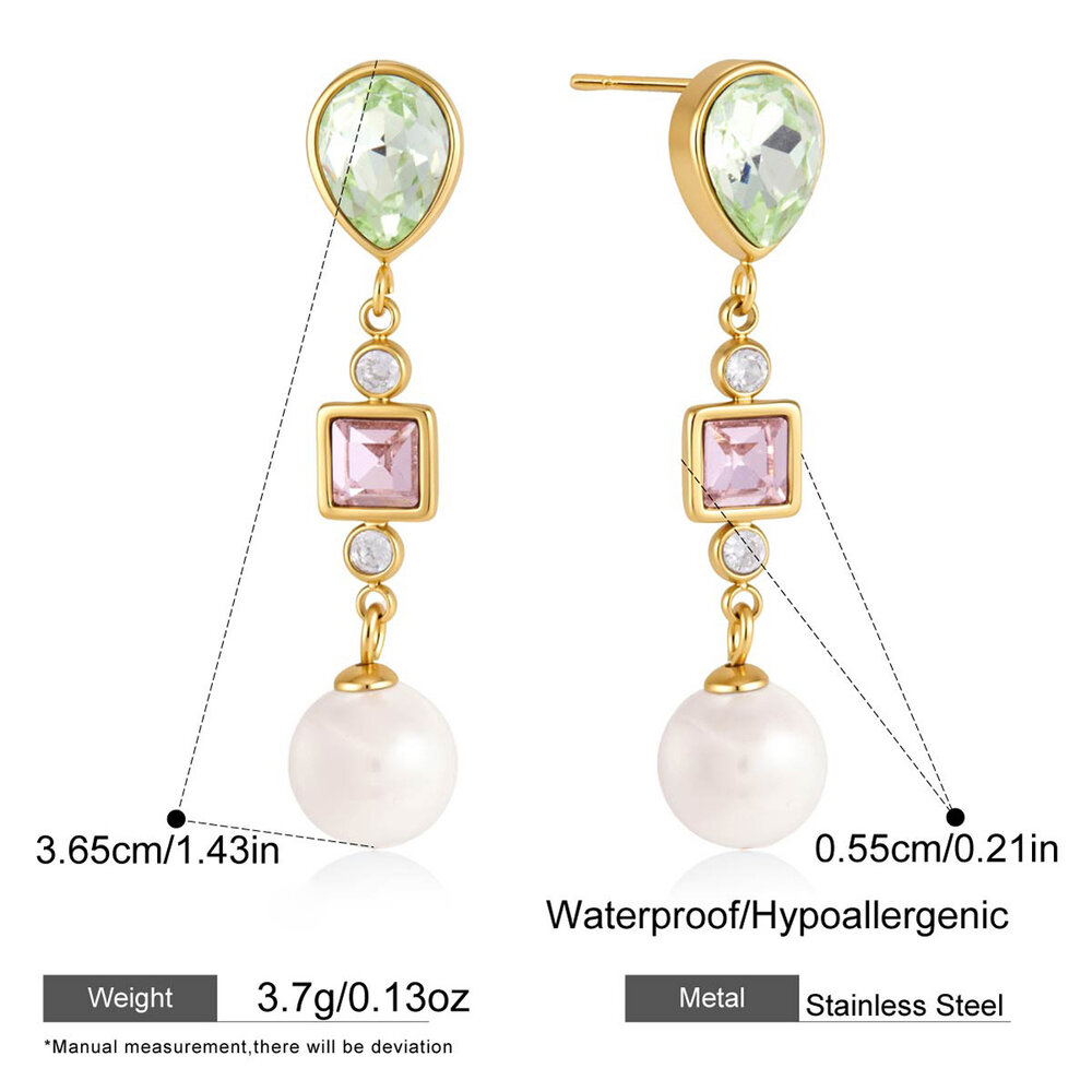 Romantic Elegant Patchwork Rectangle Stainless Steel Waterproof Gold Color Zircon Women's Dangle Earrings