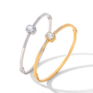 Luxury Simple Daily Rectangle Stainless Steel Waterproof Gold Color Zircon Women's Bangles h5 Picture6