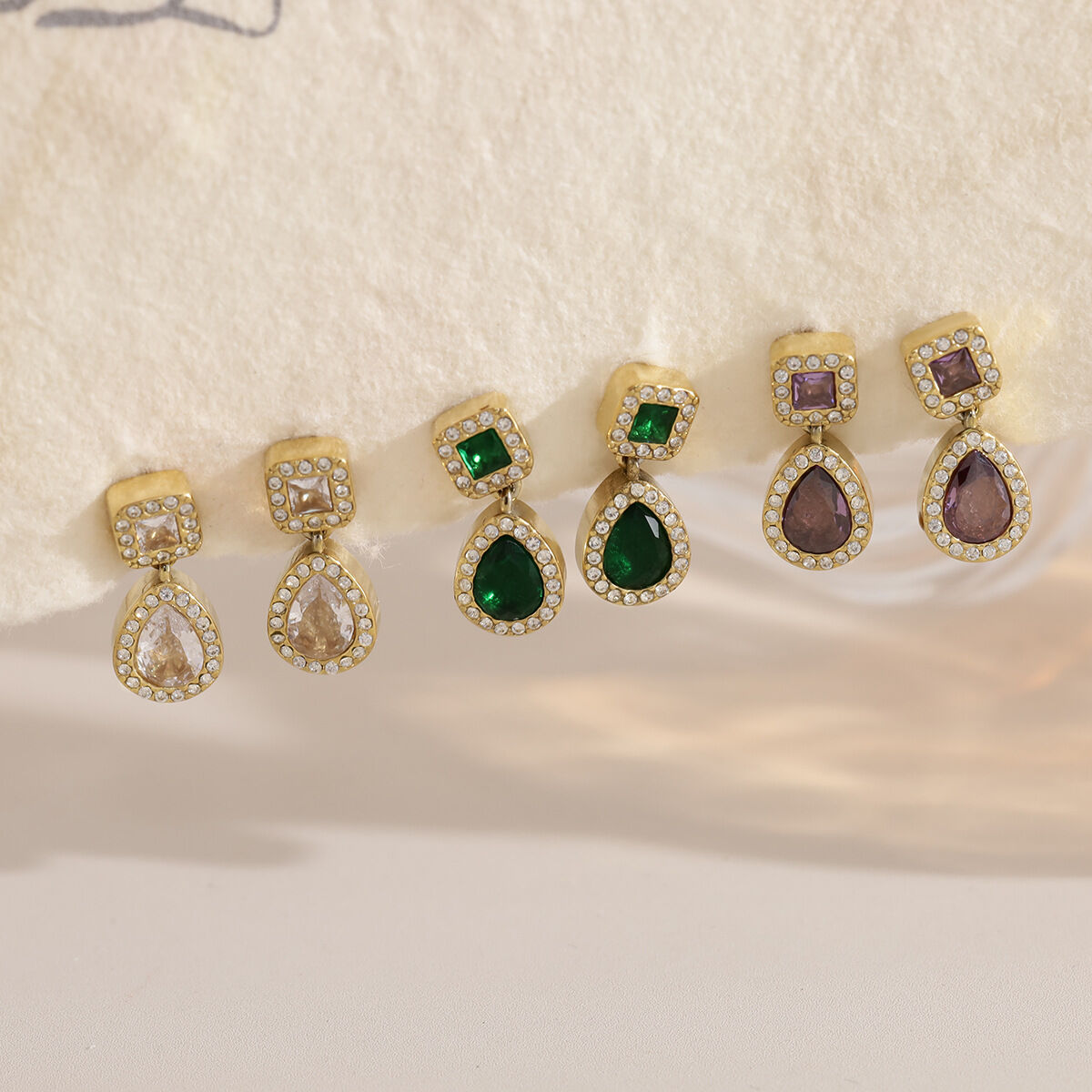 Luxurious Series Simple Droplet Stainless Steel Waterproof Gold Color Rhinestone Zircon Women's Drop Earrings h5 Picture3