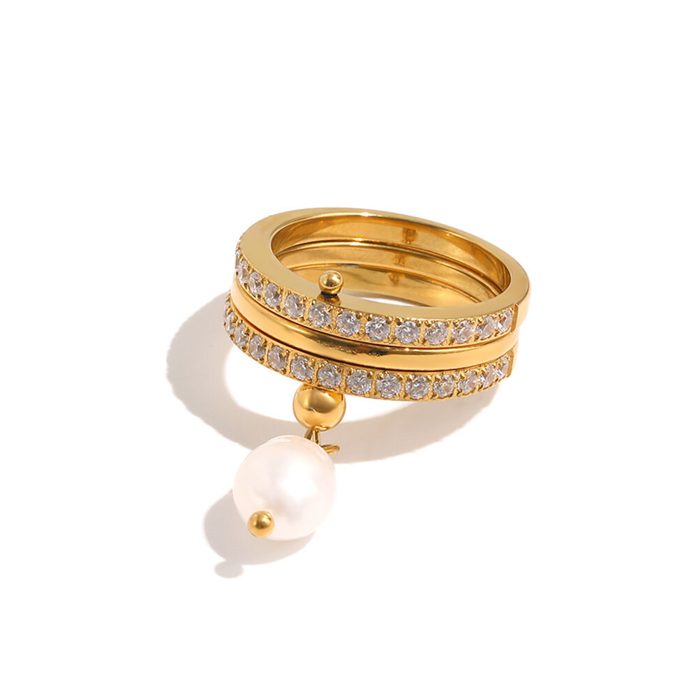Luxurious Series Circle Stainless Steel Waterproof Gold Color Zircon Pearl Women's Gemstone Rings h5Picture4
