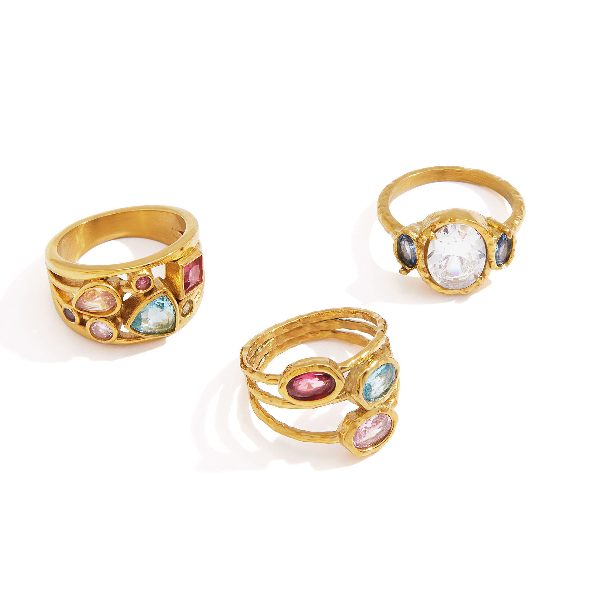 Luxe serie retro geometrische vormen, roestvrij staal, waterdicht, goudkleurige zirkonia, damesringen met edelsteen Afbeelding6