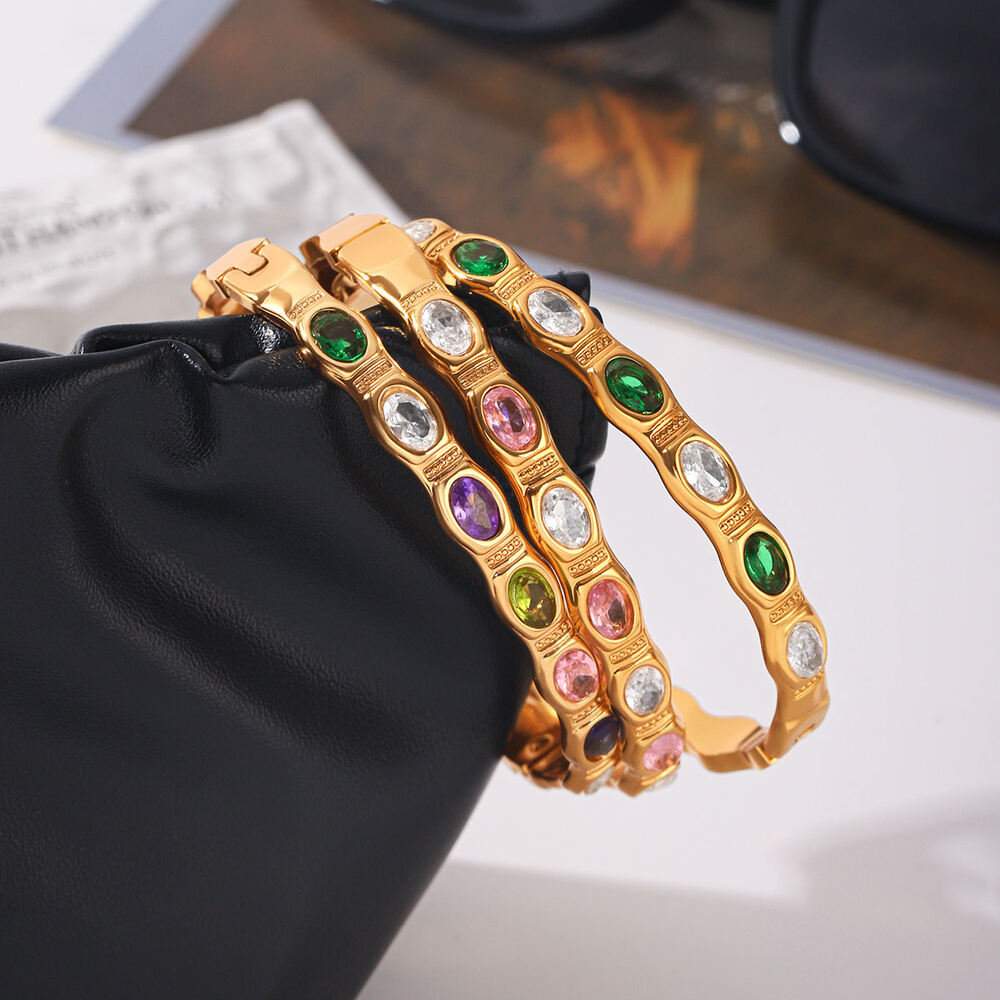 Simple Luxury Daily Ellipse Shape Stainless Steel Waterproof Gold Color Zircon Women's Bangles Picture5