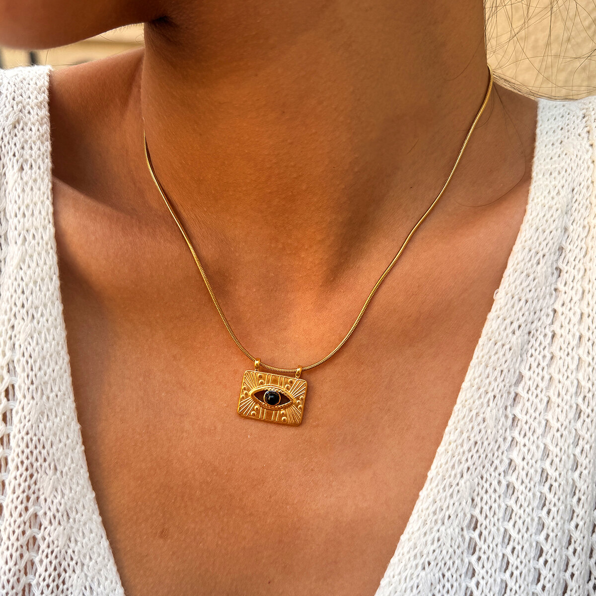 Simple Series Daily Devil's Eye Stainless Steel Waterproof  Gold Color  Women‘s Pendant Necklace