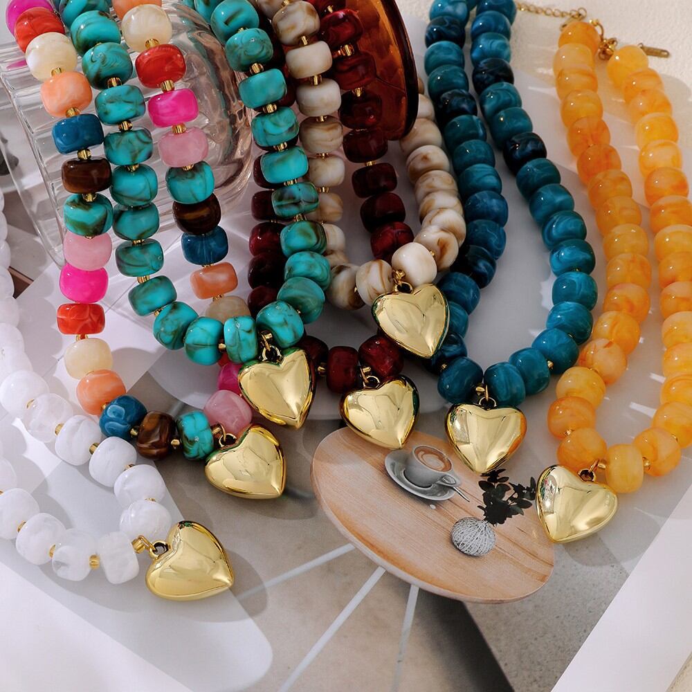 Simple Series Retro Heart Beads Resin   Gold Color  Beaded Necklaces Picture3