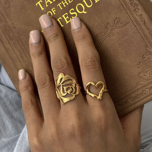 Romantic Series Retro Flower Heart Stainless Steel Waterproof Gold Color Statement Rings h5 Picture2