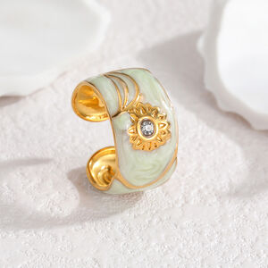 Enamel Flower Stainless Steel Waterproof Rhinestone Statement Rings h5