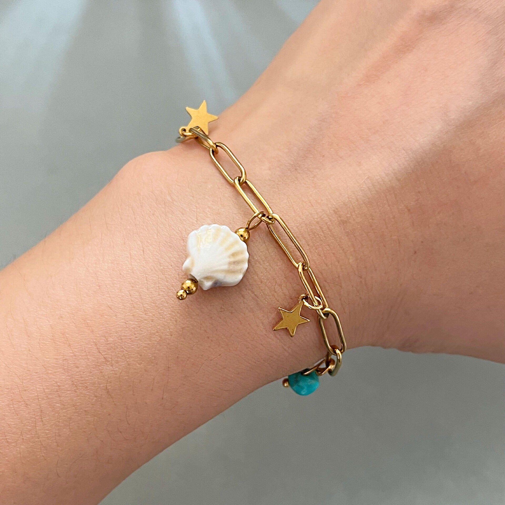 Bracelets à breloques pour femmes, motif coquillage, en acier inoxydable, étanches, couleur or Image3
