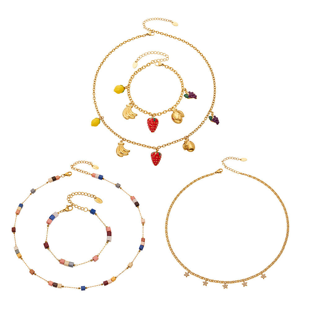 Romantische Serie Urlaubs-Frucht-Edelstahl-Wasserdichte Goldfarbene Naturstein-Halsketten-Sets für Damen h5Bild5