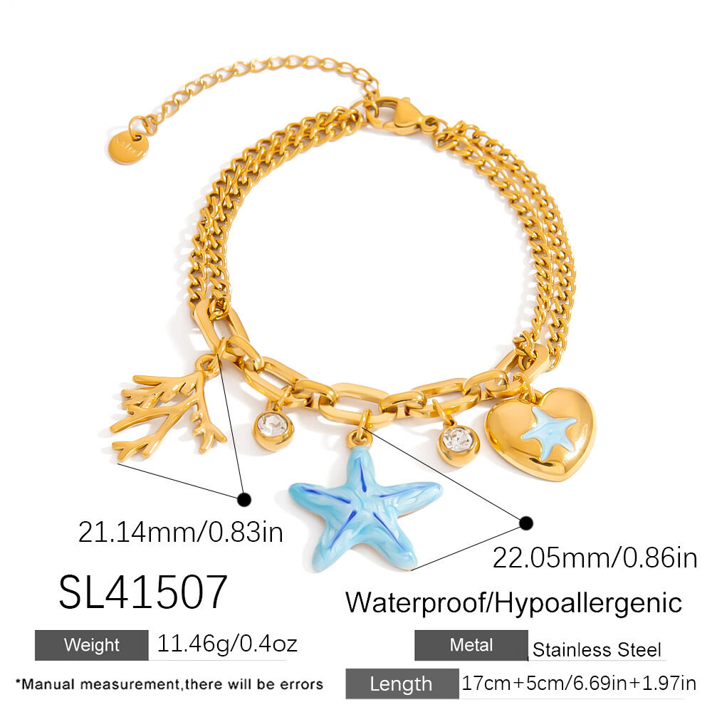 Seestern-Halsketten-Sets im Urlaubsstil aus wasserfestem Edelstahl in Goldfarbe für Damen h5 