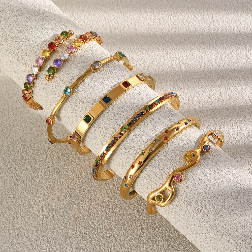 Luxurious Series Elegant Irregular Shape Stainless Steel Waterproof   Gold Color  Zircon Women's Bangles