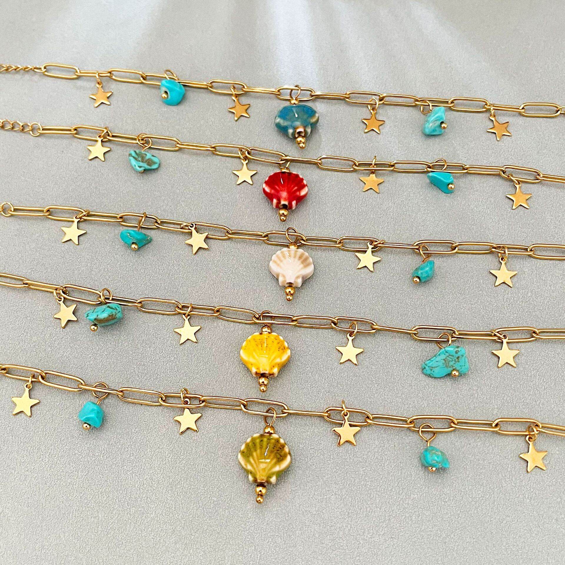 Bracelets à breloques pour femmes, motif coquillage, en acier inoxydable, étanches, couleur or Image2
