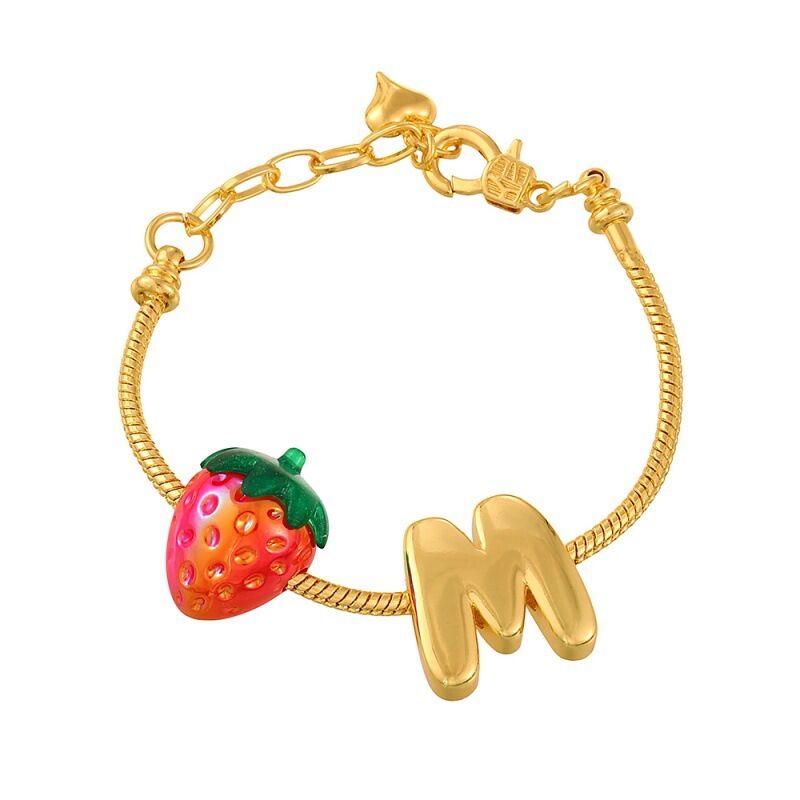 Bracelet à breloques pour femme, collection romantique, motif cœur et fraise, couleur cuivre et or. 