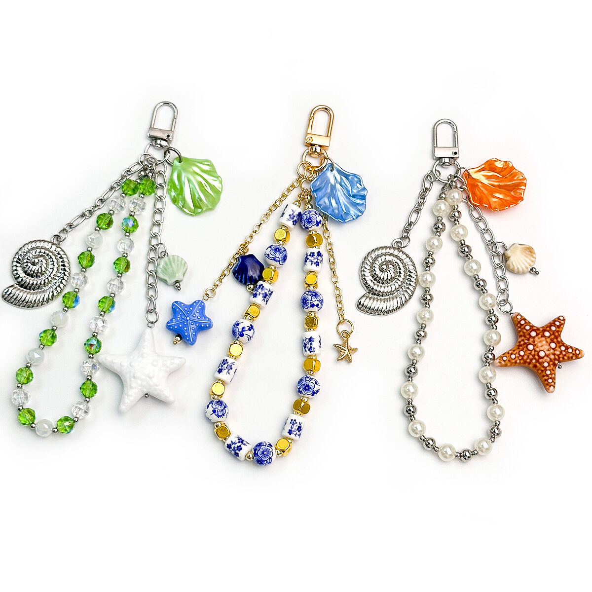Serie semplice, fiori per le vacanze, stile oceanico, perline, catena di colori misti, conchiglia, stella marina, ciondoli per borse in cristallo