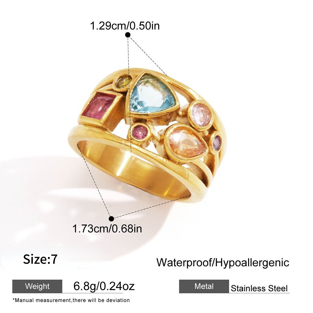 Luxe serie retro geometrische vormen, roestvrij staal, waterdicht, goudkleurige zirkonia, damesringen met edelsteen 
