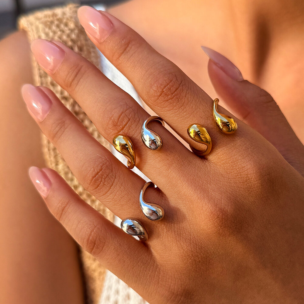 Minimalist Daily Droplet Stainless Steel Waterproof Gold Color Women's Statement Ring h5Picture5