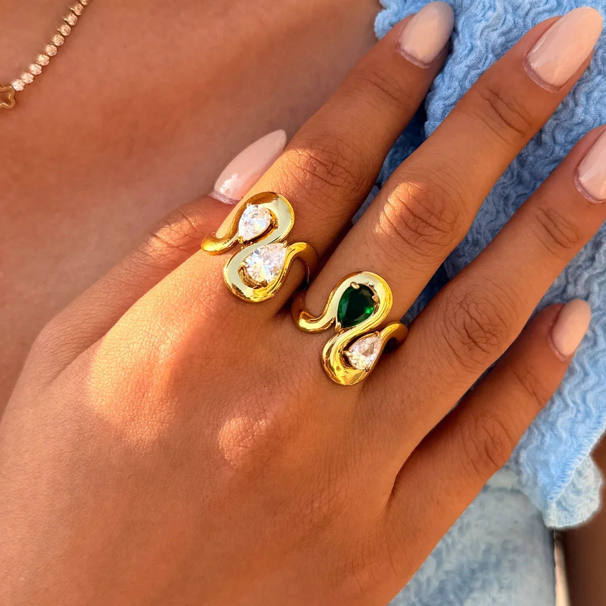 Luxury Daily Irregular Shape Stainless Steel Waterproof   Gold Color  Zircon  Gemstone Ring