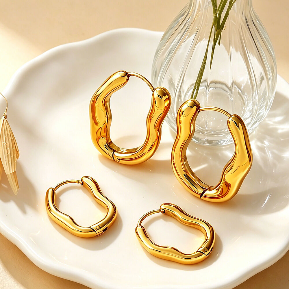 Boucles D'Oreilles Créoles Pour Femmes, Forme Irrégulière, En Acier Inoxydable, Étanches, Couleur Or, Collection Simple Series.