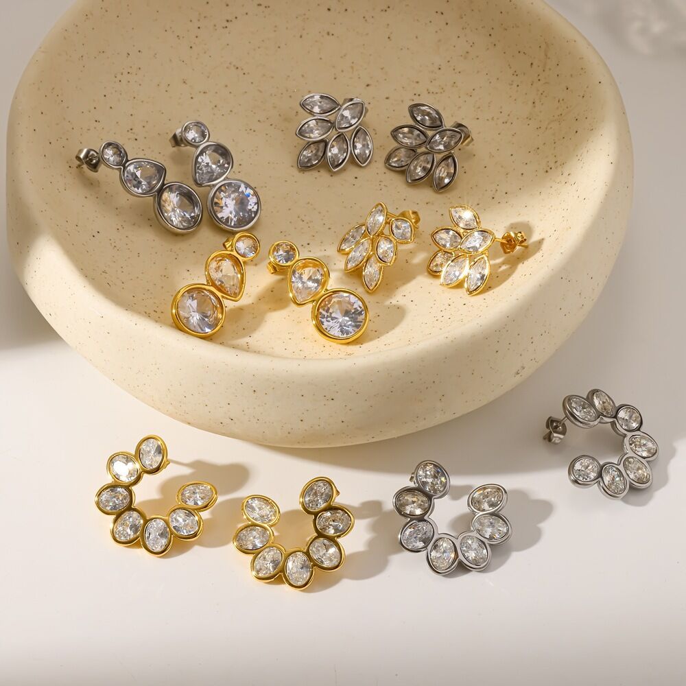 Stainless Steel Waterproof Gold Color Rhinestone Women's Stud Earrings