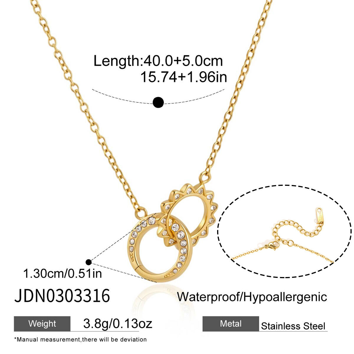 Eenvoudige zonnecirkel, waterdichte roestvrijstalen hanger met gouden strasssteentjes voor dames. h5 