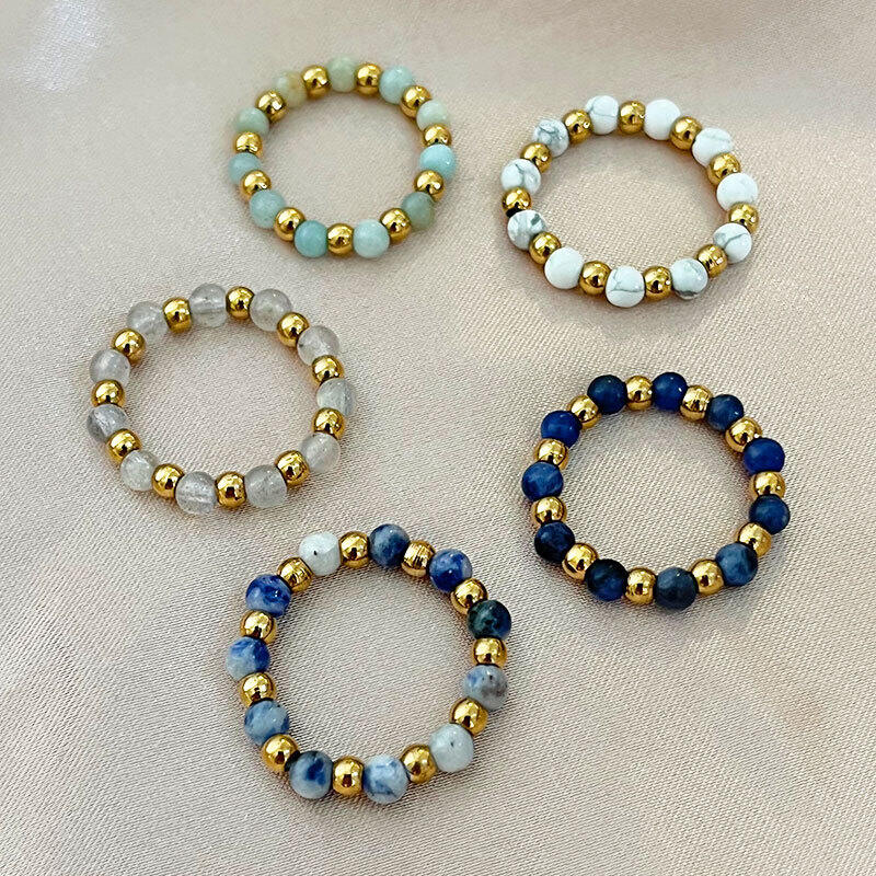 Beads Natural Stones Stainless Steel Waterproof Gold Color Beaded Rings