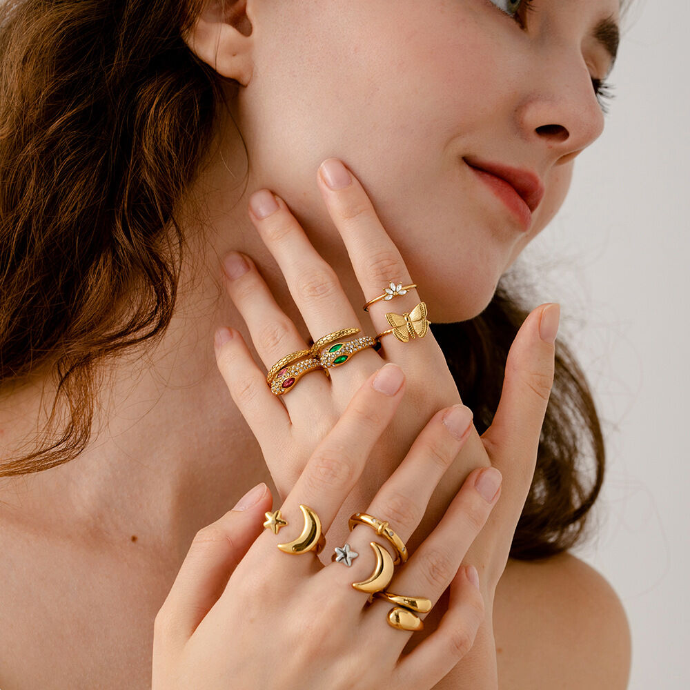 Simple  Sense of Luxury Daily Star Moon Stainless Steel Waterproof Gold Color  Statement Rings Picture2