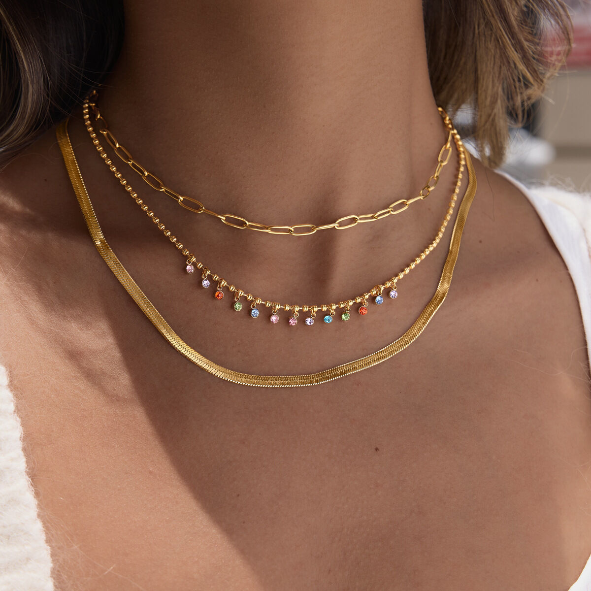 Collana con pendente da donna in acciaio inossidabile impermeabile color oro con zirconi h5 Immagine2