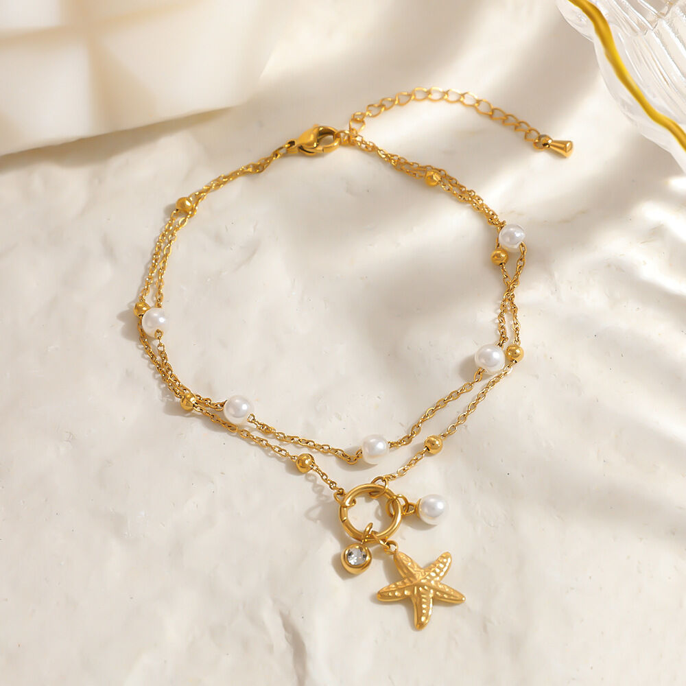 Tobilleras de acero inoxidable impermeables de color dorado con perlas artificiales, estilo concha marina h5 Imagen3