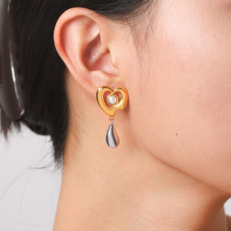 Simple Series Daily Droplet Heart Stainless Steel Waterproof Gold Color Pearl Women's Dangle Earrings