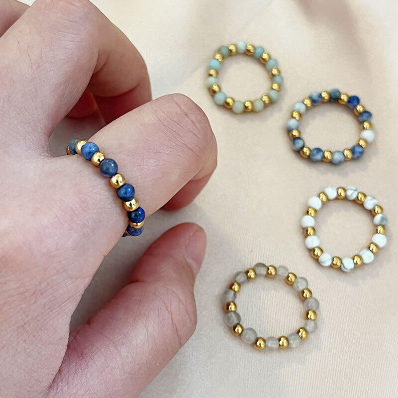 Beads Natural Stones Stainless Steel Waterproof Gold Color Beaded Rings Picture3