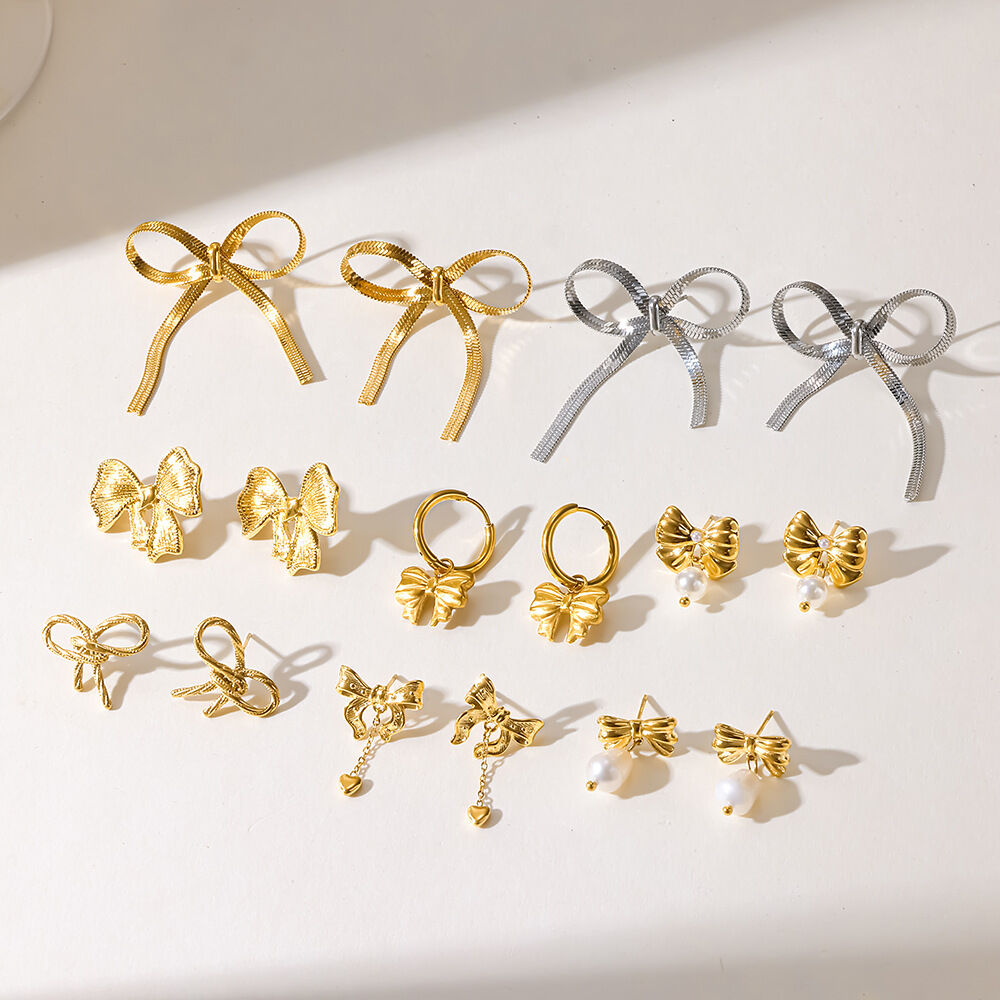 Pendientes de botón para mujer de acero inoxidable impermeables con diseño geométrico y lazo, de la serie Simple.