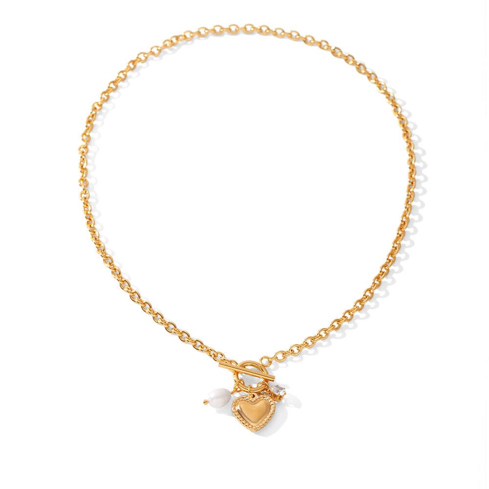 Simple Series Daily Heart Stainless Steel Waterproof Gold Color Zircon Women's Pendant Necklaces