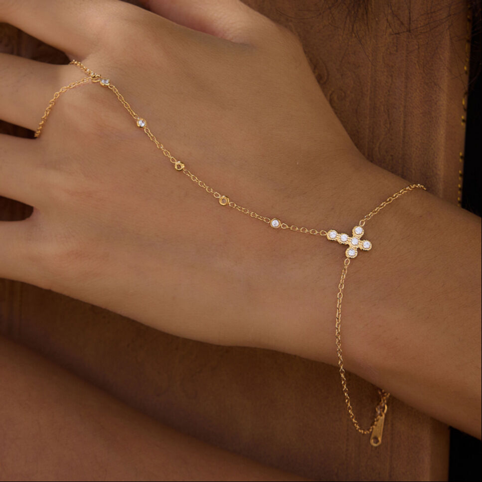 Simple Cross Stainless Steel Waterproof Gold Color Rhinestone Women's Hand Chain