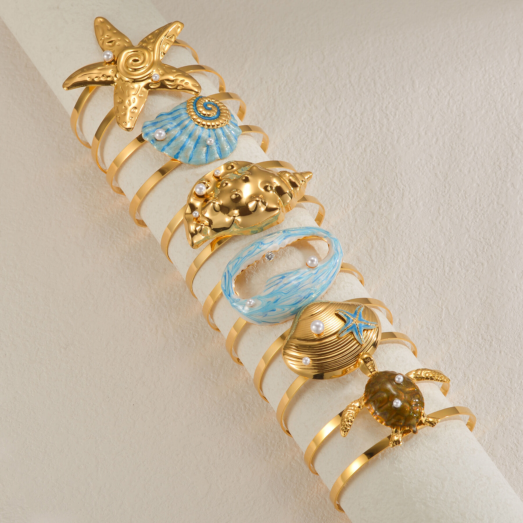 Vacation Oceanic Style Enamel Stainless Steel Waterproof Gold Color Women's Cuff Bracelets
