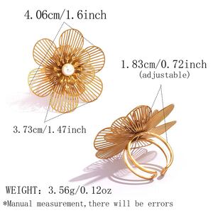 Retro Daily Flower Stainless Steel Waterproof Gold Color Artificial Pearl Statement Rings h5