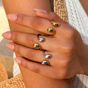 Minimalist Daily Droplet Stainless Steel Waterproof Gold Color Women's Statement Ring h5 Picture4
