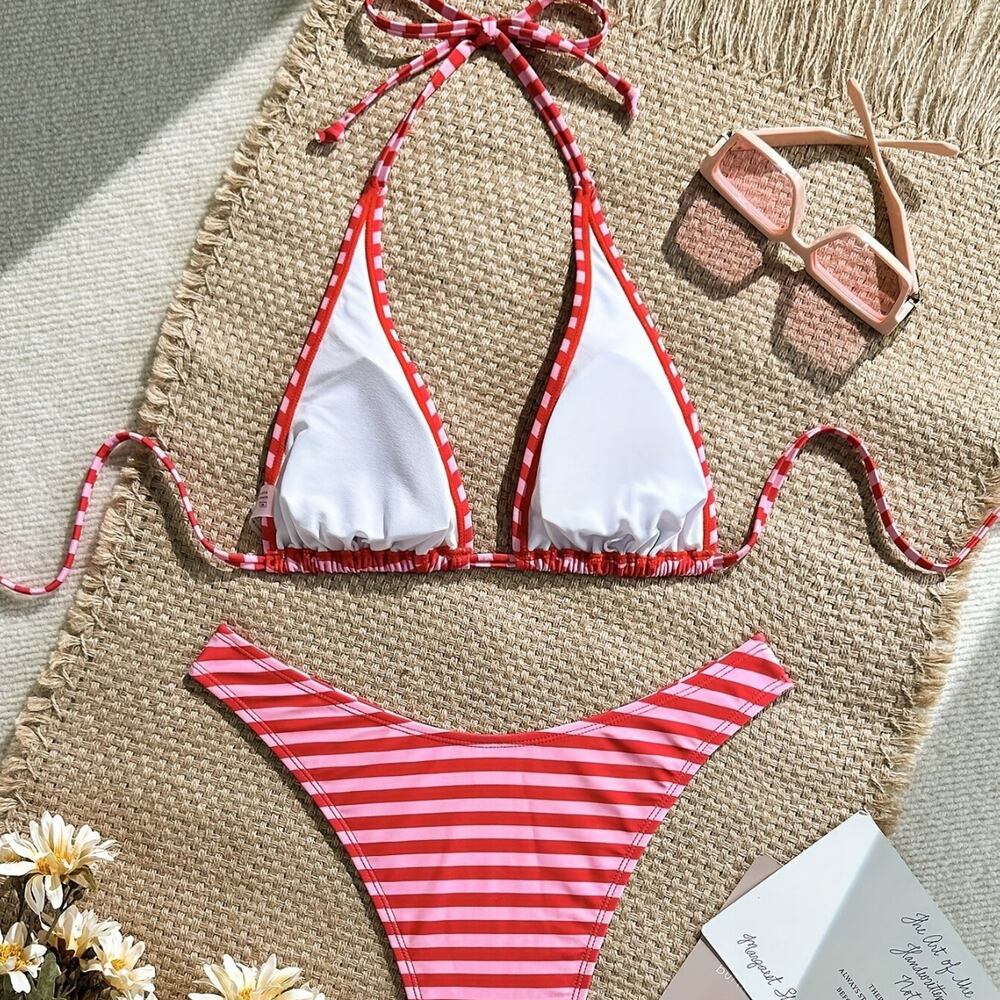 Ensemble bikini simple et mignon à rayures en polyamide h5Image4