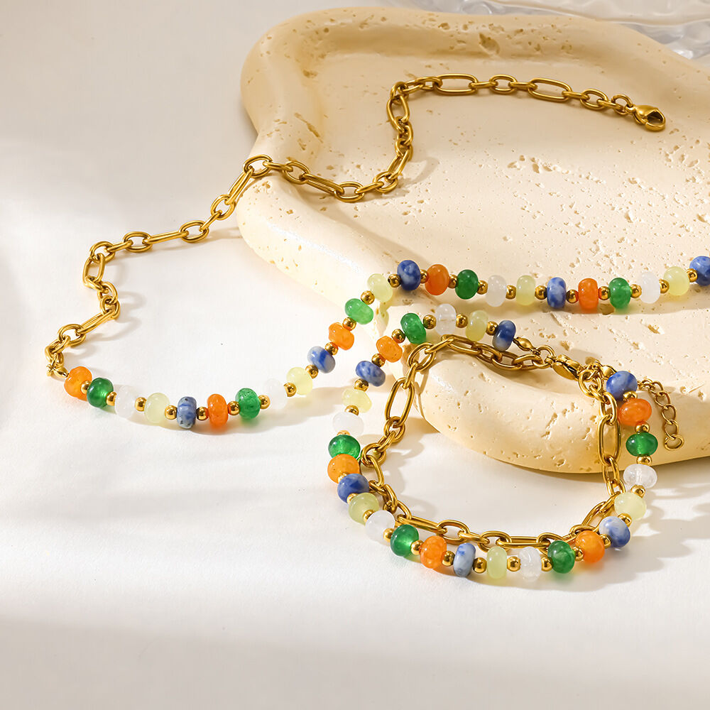 Simple Series Retro Patchwork Beads Stainless Steel Waterproof   Gold Color  Women's Jewelry Sets